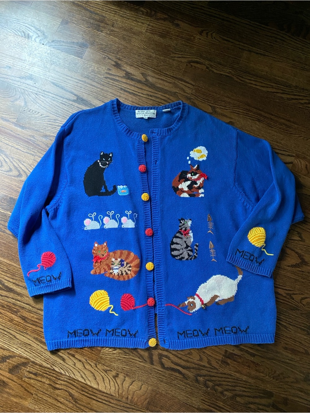 Vintage 90s Marisa Christina Royal Blue Cardigan with Cat details